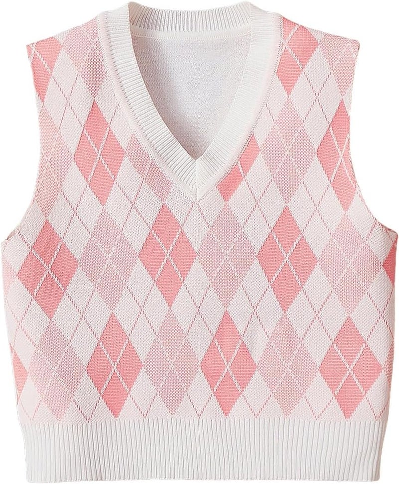 OYOANGLE Girl's Argyle Plaid V Neck Sweater Vest Sleeveless Preppy Casual Pullover Knitted Tank Tops - Image 1